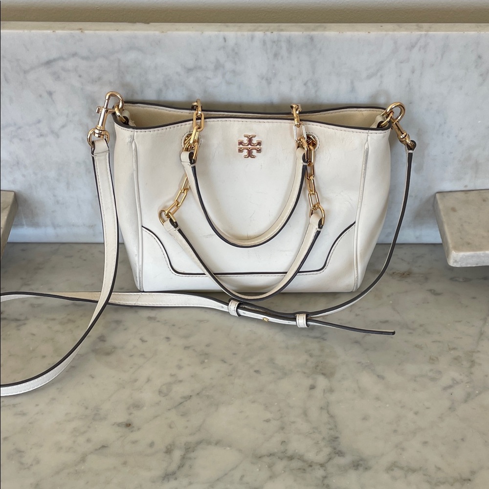 TORY BURCH Small Carter Ivory Tote Bag Dual Top Handle Removable Strap